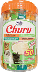 INABA Churu Cat Treats, Lickable, Squeezable Creamy Purée Cat Treat with Green Tea Extract & Taurine, 0.5 Ounces Each Tube, 50 Tubes, Chicken & Seafood Variety