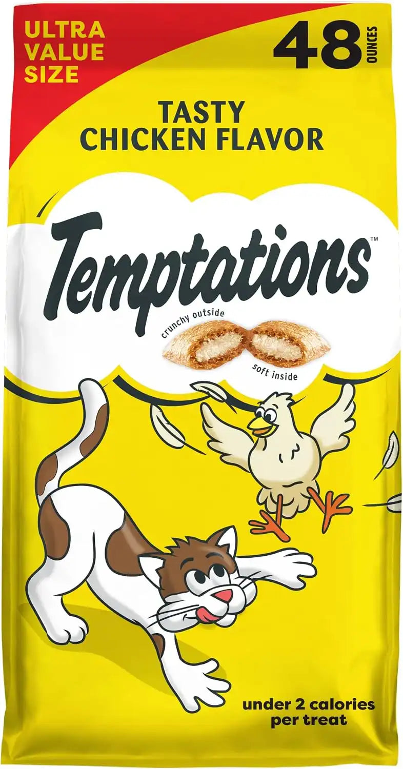 Temptations Classic Crunchy and Soft Cat Treats, Tasty Chicken, 48 oz | 100% complete & balanced for adult cats, under 2 calories per treat, use as meal or food topper, stay-fresh tub