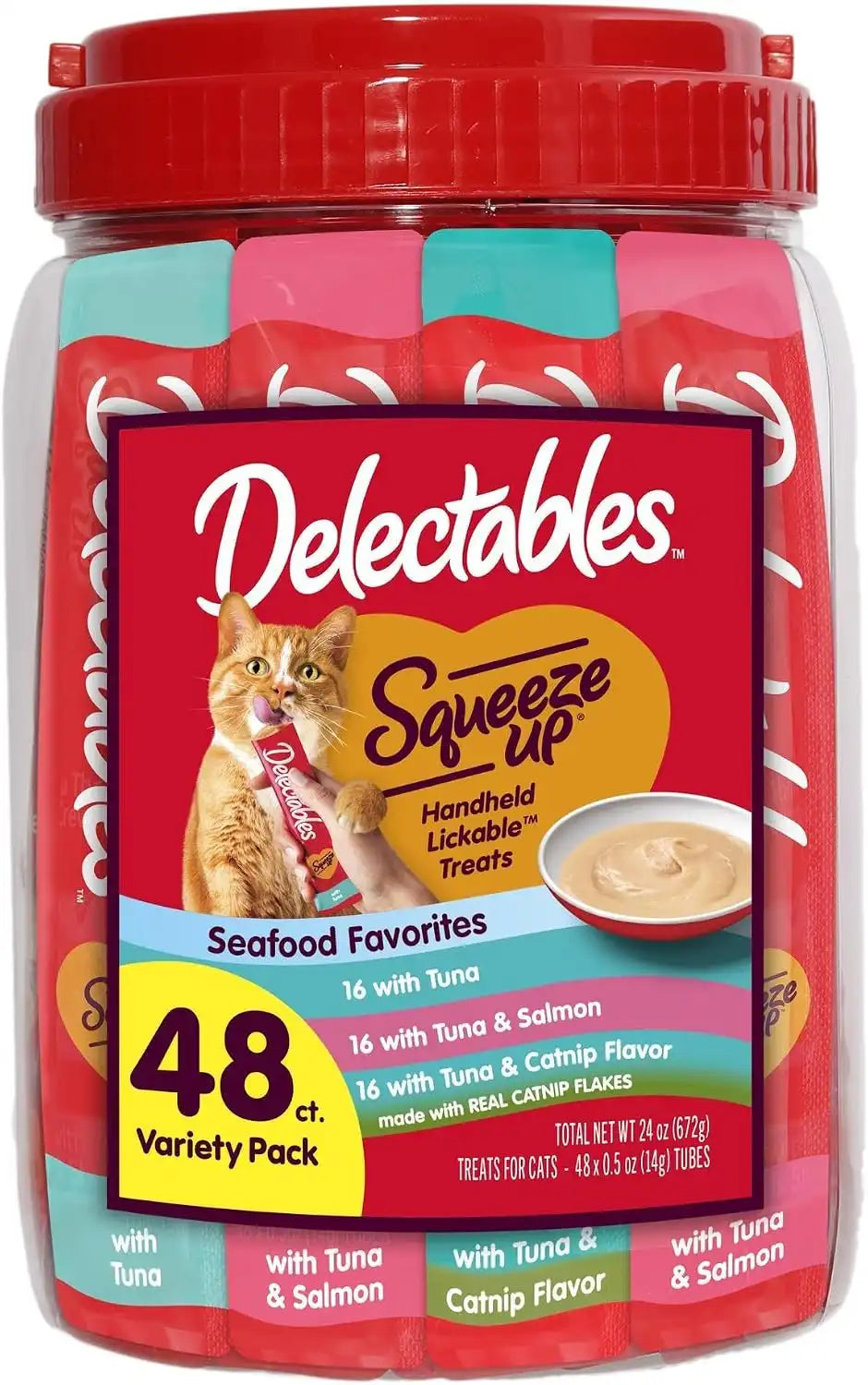Delectables Squeeze Up Tuna with Salmon & Catnip Variety Pack, Creamy Squeezable Puree, Lickable Wet Cat Treats, Grain-Free, No Added Fillers, 0.5 Ounces Tube, 48 Tubes Total