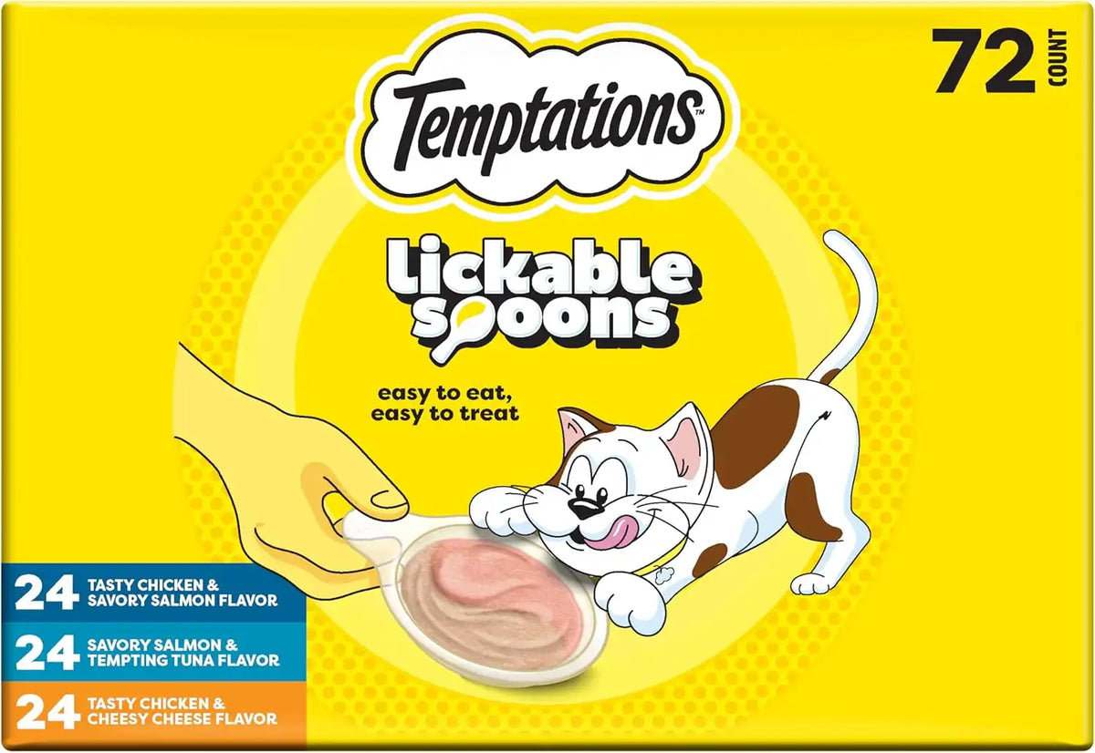 Temptations Lickable Spoons, Soft Lickable Cat Treats, Adult Wet Cat Treats, Variety Pack, 72 Spoons | Two irresistible flavors per spoon, mess-free creamy puree, hand-feed for bonding, use as treat or food topper, adult cats