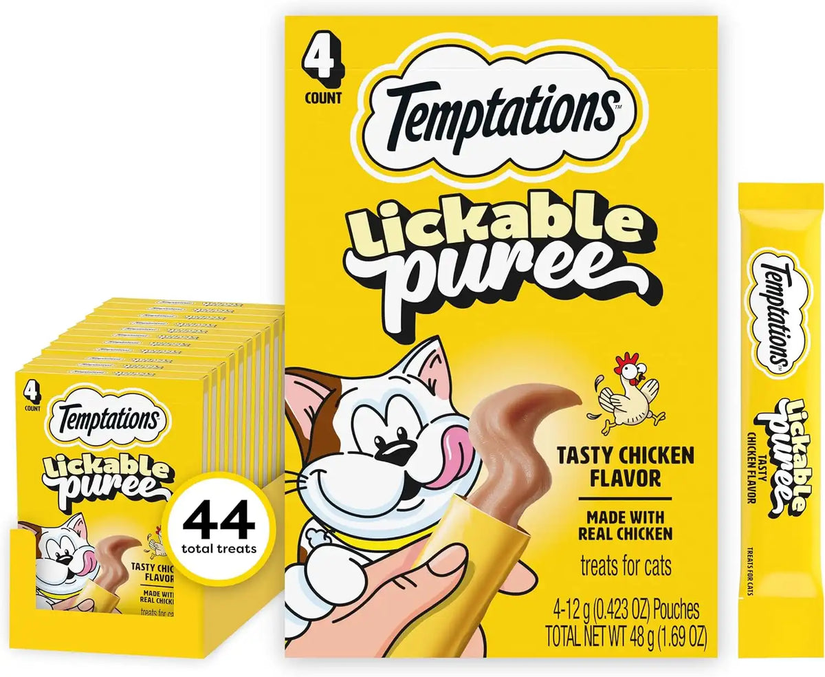 Temptations Creamy Puree Lickable Cat Treats, Chicken, 4 Count, 11 Pack | Under 15 calories per tube, great for senior cats, no chewing required, no added sugar, wet squeezable treat, 0.42 oz. Tubes