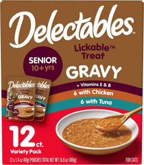 Delectables Lickable Treat Gravy Senior 10+ Variety Wet Cat Treat & Food Topper, Food Topper, Hydrating, Grain-Free, No Fillers, No by-Products, No Added Preservatives, 1.4-oz Pouch, 12 Count