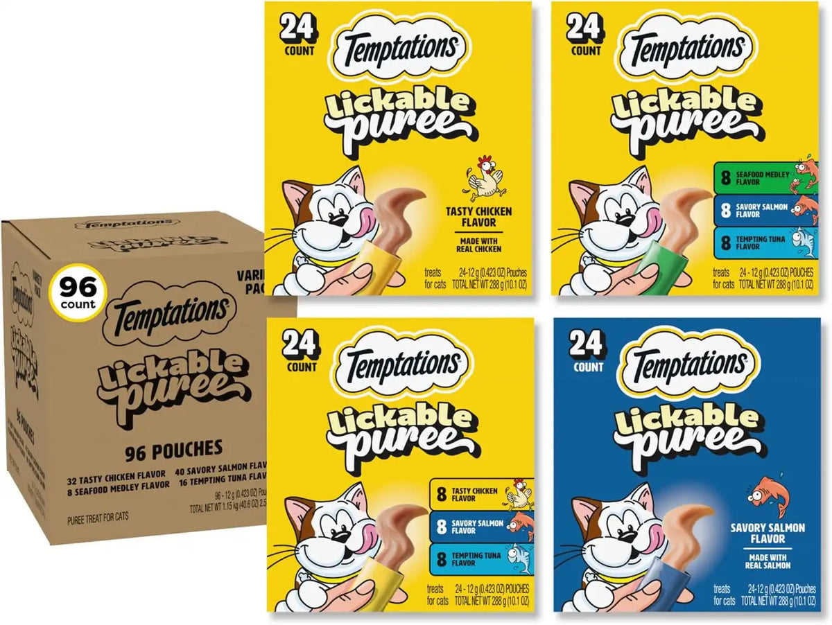 Temptations Creamy Puree Lickable Cat Treats, Variety Pack, 96 Count | Under 15 calories per tube, great for senior cats, no chewing required, no added sugar, wet squeezable treat, 0.42 oz. Tubes