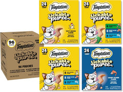 Temptations Creamy Puree Lickable Cat Treats, Variety Pack, 96 Count | Under 15 calories per tube, great for senior cats, no chewing required, no added sugar, wet squeezable treat, 0.42 oz. Tubes