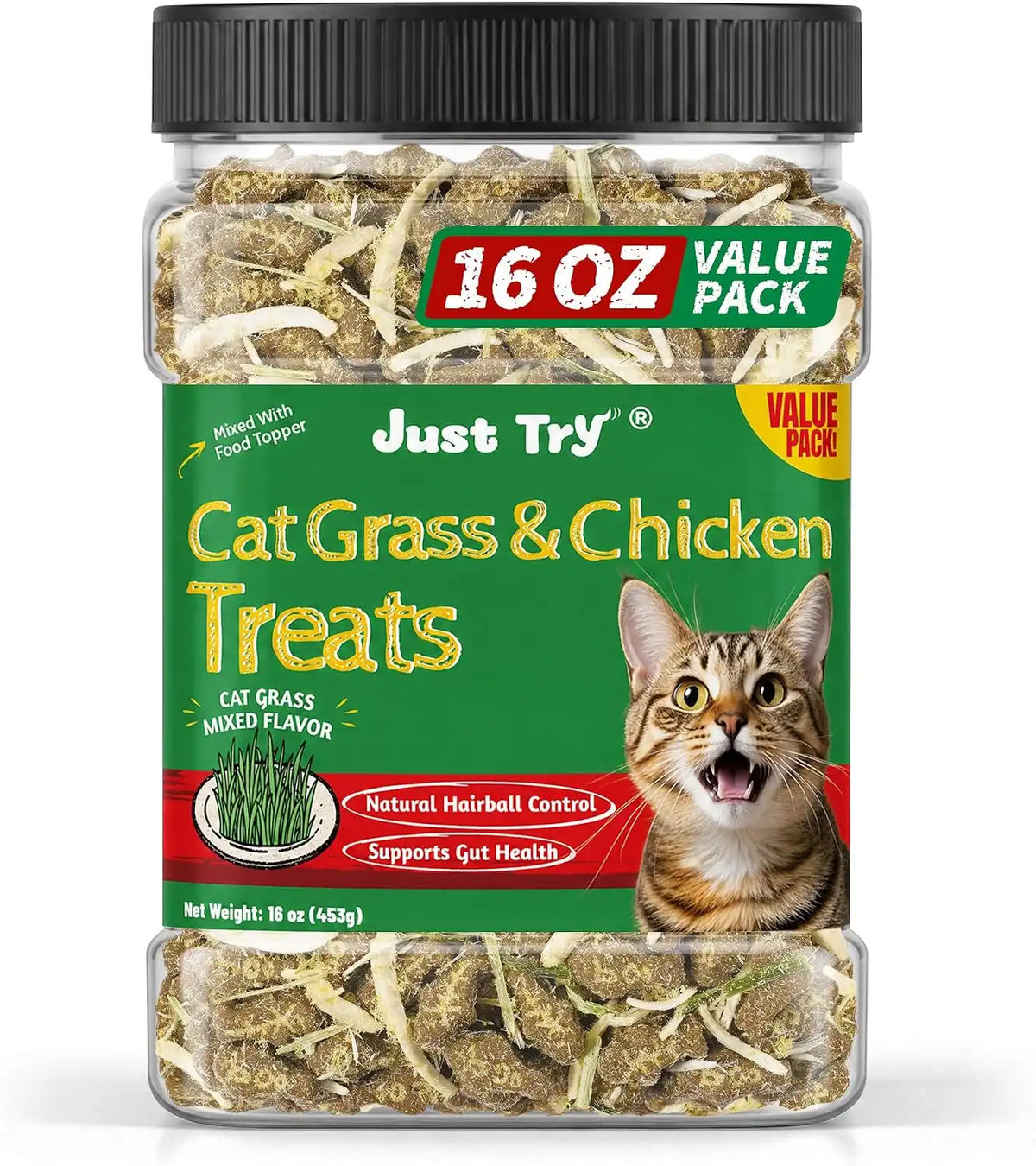 Just Try Cat Grass Jerky Treats for Indoor Cats, 16 oz | Hairball Control,Digestive Did For Cats,Healthy Training Treats