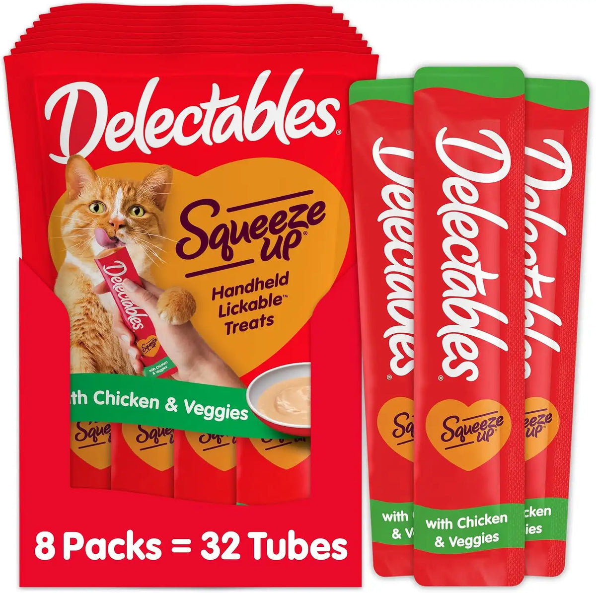 Delectables Squeeze Up Creamy Squeezable Puree, Lickable Wet Cat Treats, Grain Free, No Added Fillers, No By-Products, No Added Preservatives, 0.5 Ounces Chicken & Veggies, 32 Tubes Total