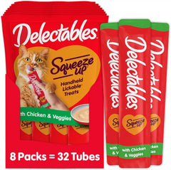 Delectables Squeeze Up Creamy Squeezable Puree, Lickable Wet Cat Treats, Grain Free, No Added Fillers, No By-Products, No Added Preservatives, 0.5 Ounces Chicken & Veggies, 32 Tubes Total