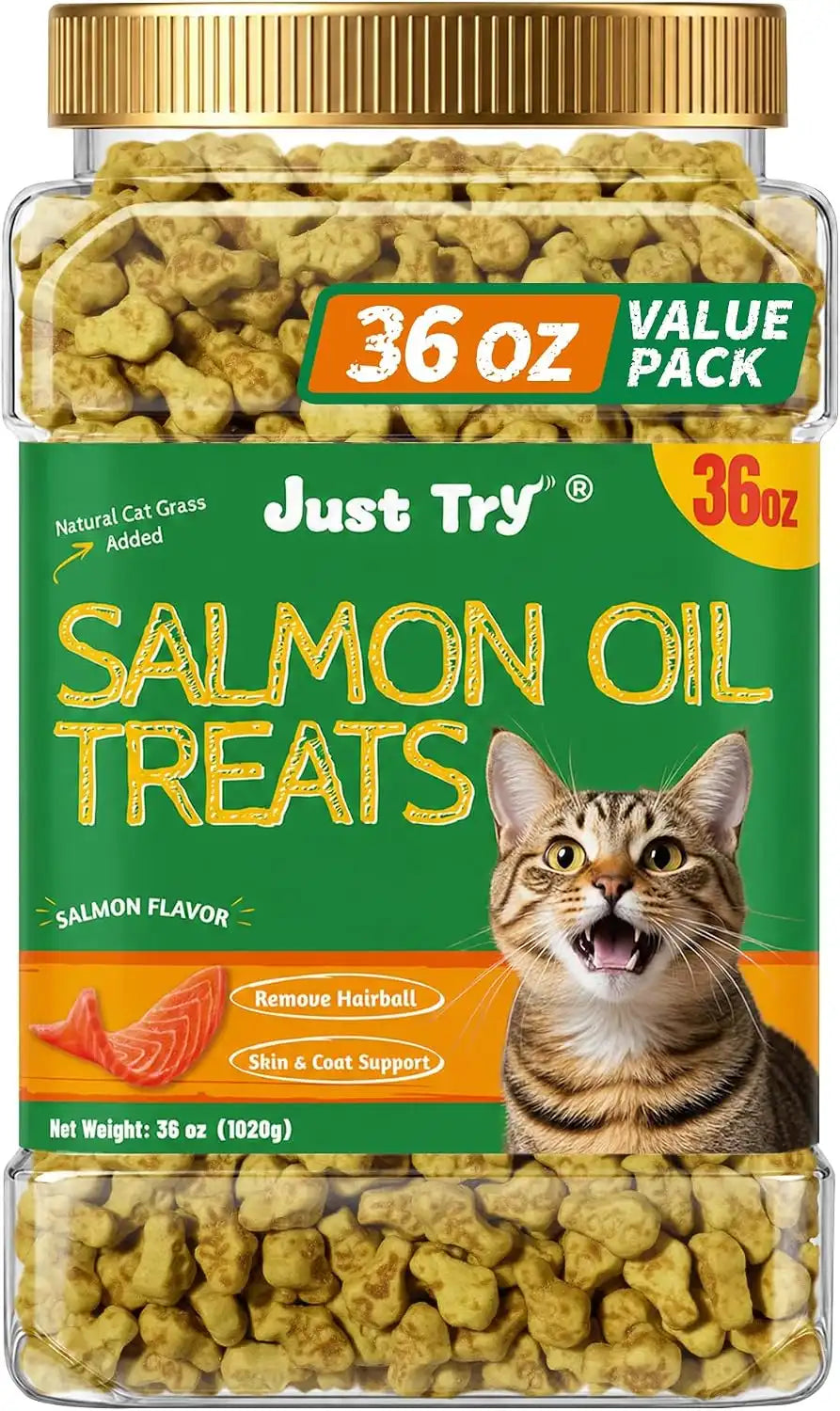 Just Try 36 OZ Cat Grass Treats with Salmon Oil | omega 3 supplements for cats,salmon flavor,joint support,skin coat health,crunchy training treats