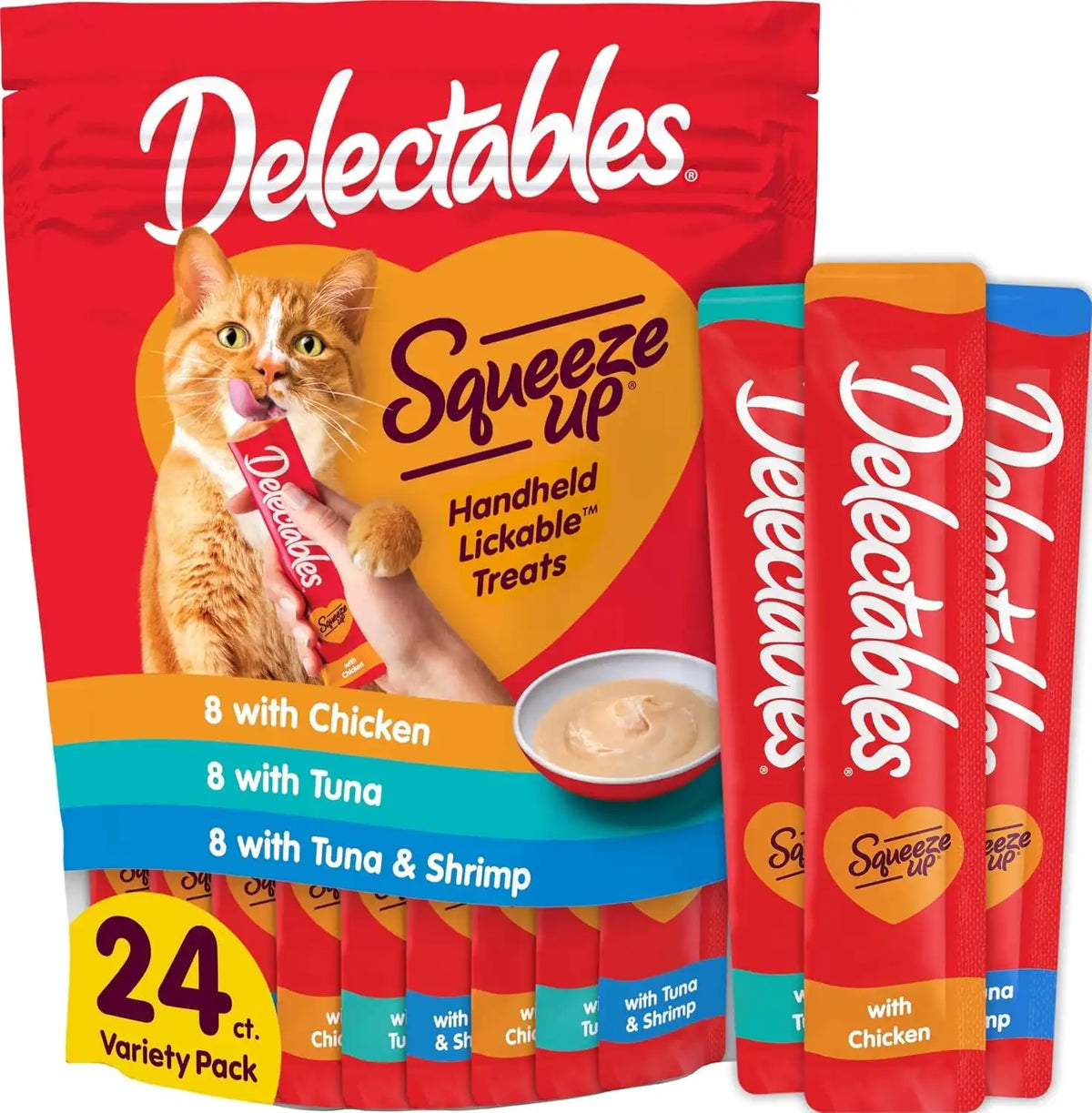 Delectables Squeeze Up Variety Pack, Creamy Squeezable Puree, Lickable Wet Cat Treats, Grain Free, No Added Fillers, No By-Products, No Added Preservatives, 0.5 Ounces Tube, 24 Tubes Total
