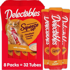 Delectables Squeeze Up Creamy Squeezable Puree, Lickable Wet Cat Treats, Grain Free, No Added Fillers, No By-Products, No Added Preservatives, 0.5 Ounces Tube Chicken Flavor, 32 Tubes Total