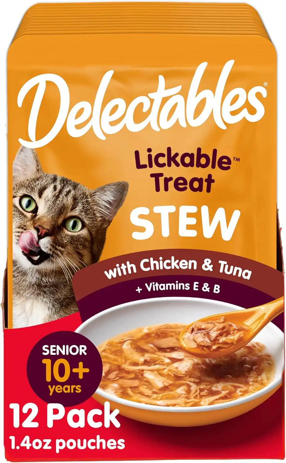 Delectables Lickable Treat Stew Senior 10+ Wet Cat Treat with Real Chicken & Tuna, Food Topper, Hydrating, Grain-Free, No Fillers, No By-Products, No Added Preservatives, 1.4oz Pouch, 12ct