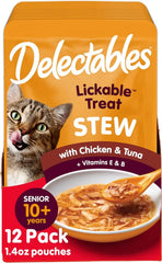 Delectables Lickable Treat Stew Senior 10+ Wet Cat Treat with Real Chicken & Tuna, Food Topper, Hydrating, Grain-Free, No Fillers, No By-Products, No Added Preservatives, 1.4oz Pouch, 12ct