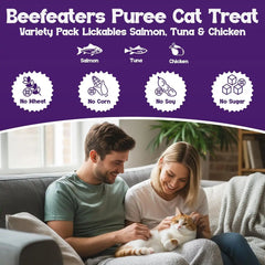 Beefeaters Lickable Cat Treats 48 Count – Puree Squeeze Up Tubes Variety Pack (Salmon, Tuna & Chicken) | Grain Free, Taurine Enriched, High Moisture for Picky Eaters | Cat Treat Topper or Snack