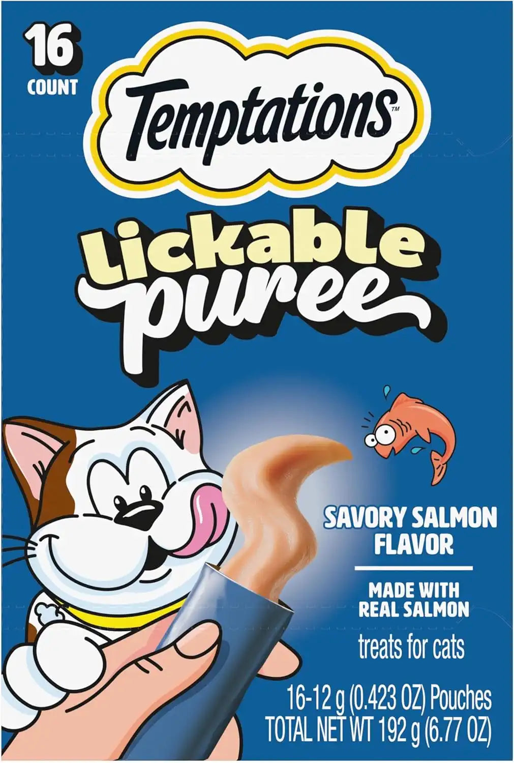 Temptations Creamy Puree Lickable Cat Treats, Salmon, 16 Count | Under 15 calories per tube, great for senior cats, no chewing required, no added sugar, wet squeezable treat, 0.42 oz. Tubes
