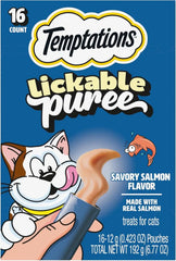 Temptations Creamy Puree Lickable Cat Treats, Salmon, 16 Count | Under 15 calories per tube, great for senior cats, no chewing required, no added sugar, wet squeezable treat, 0.42 oz. Tubes