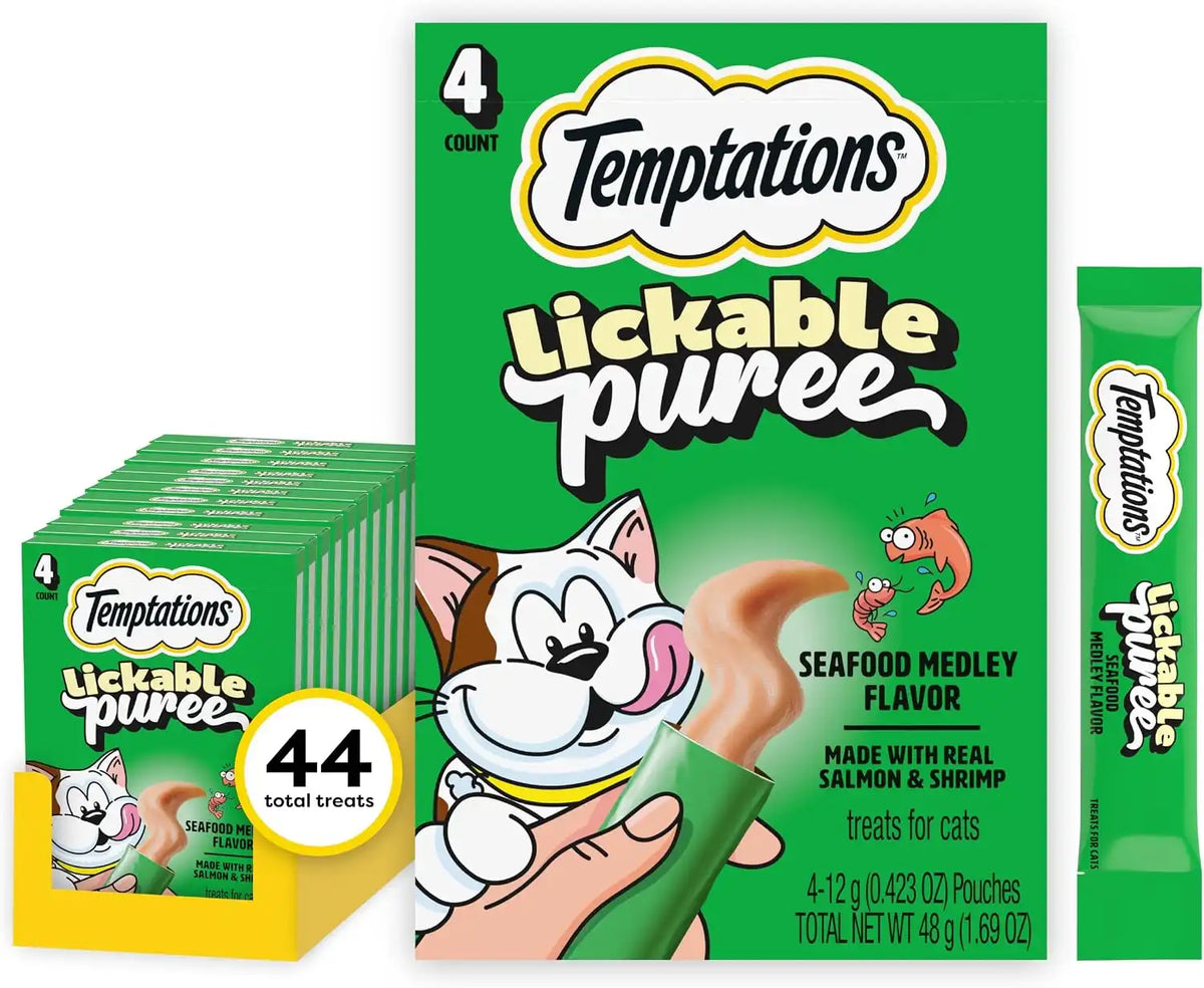 Temptations Creamy Puree Lickable Cat Treats, Seafood Medley, 4 Count, 11pk | Under 15 calories per tube, great for senior cats, no chewing required, no added sugar, wet squeezable treat, 0.42 oz. Tubes