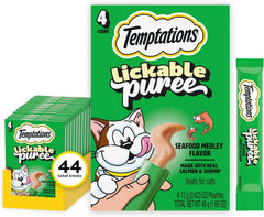 Temptations Creamy Puree Lickable Cat Treats, Seafood Medley, 4 Count, 11pk | Under 15 calories per tube, great for senior cats, no chewing required, no added sugar, wet squeezable treat, 0.42 oz. Tubes