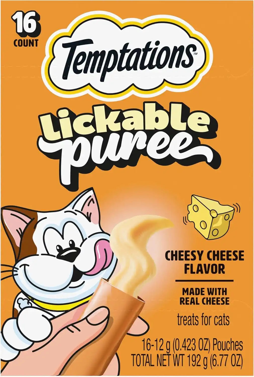 Temptations Creamy Puree Lickable Cat Treats, Cheese, 16 Count | Under 15 calories per tube, great for senior cats, no chewing required, no added sugar, wet squeezable treat, 0.42 oz. Tubes
