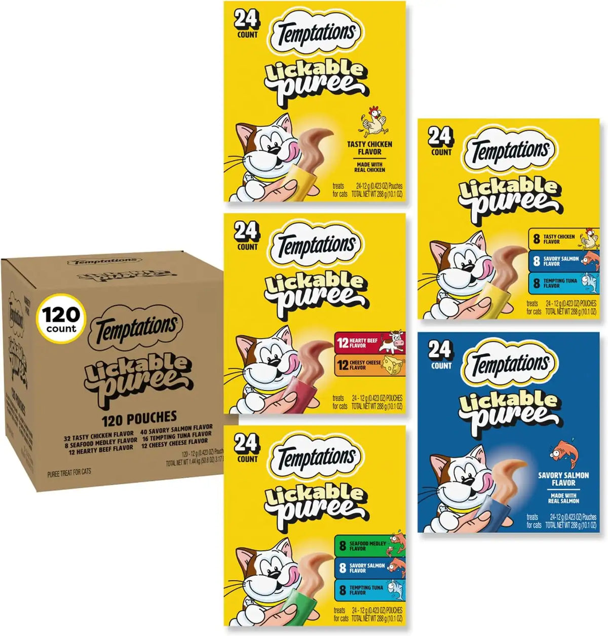 Temptations Creamy Puree Flavor Variety Pack Lickable Cat Treats, 120 Count | Chicken flavor, lickable puree, easy for senior cats, under 15 calories per tube, squeezable treat, 0.42 oz. Tubes