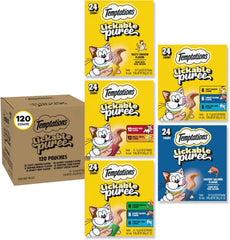 Temptations Creamy Puree Flavor Variety Pack Lickable Cat Treats, 120 Count | Chicken flavor, lickable puree, easy for senior cats, under 15 calories per tube, squeezable treat, 0.42 oz. Tubes