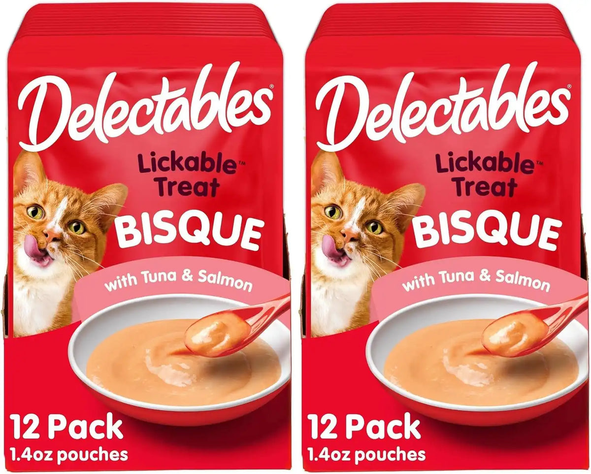 Delectables Lickable Treat Bisque Wet Cat Treat with Real Tuna & Salmon,Food Topper,Hydrating,Grain-Free,No Fillers,No by-Products,No-Added Preservatives,1.4oz Pouch,(Pack of 24)