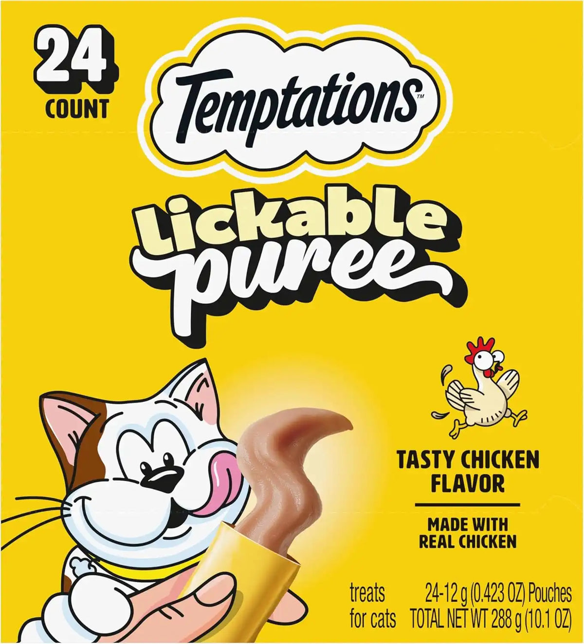Temptations Creamy Puree Lickable Cat Treats, Chicken, 24 Count | Under 15 calories per tube, great for senior cats, no chewing required, no added sugar, wet squeezable treat, 0.42 oz. Tubes
