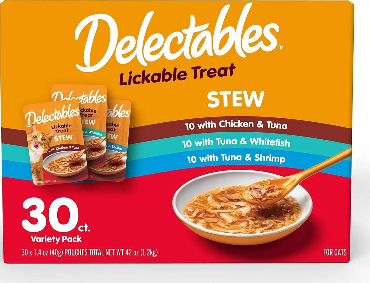 Delectables Lickable Treat Stew Wet Cat Treat Variety Pack, Food Topper, Hydrating, Grain-Free, No Fillers, No By-Products, No Added Preservatives, 1.4oz Pouch, 30ct