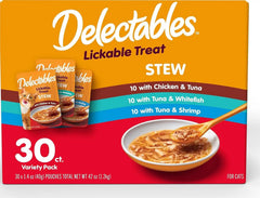Delectables Lickable Treat Stew Wet Cat Treat Variety Pack, Food Topper, Hydrating, Grain-Free, No Fillers, No By-Products, No Added Preservatives, 1.4oz Pouch, 30ct