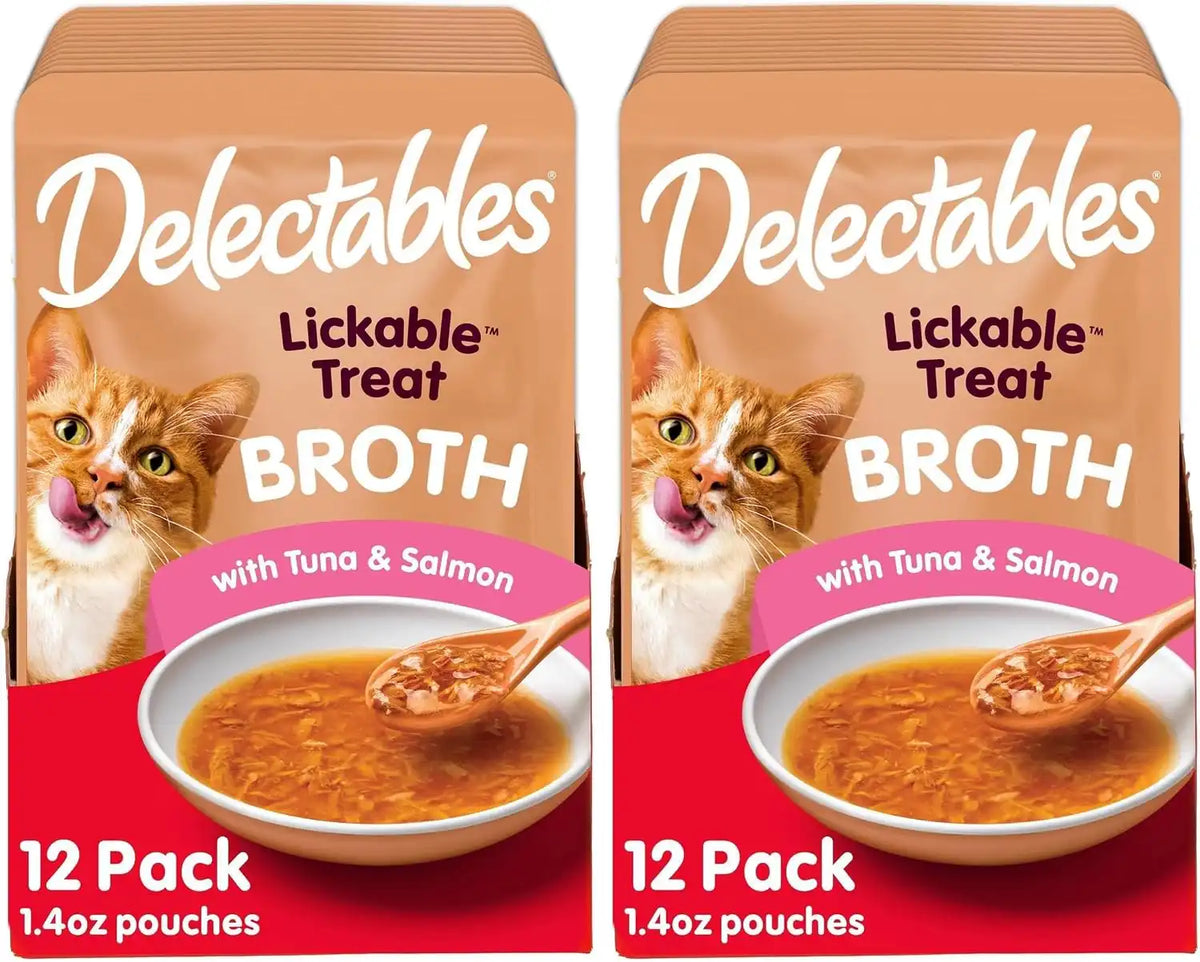Delectables Lickable Treat Savory Broths Wet Cat Treat with Real Tuna & Salmon, Food Topper, Hydrating, Grain-Free, No Fillers, No By-Products, No-Added Preservatives, 1.4oz Pouch (Pack of 24)