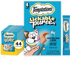 Temptations Creamy Puree Lickable Cat Treats, Tuna, 4 Count, 11 Pack | Under 15 calories per tube, great for senior cats, no chewing required, no added sugar, wet squeezable treat, 0.42 oz. Tubes