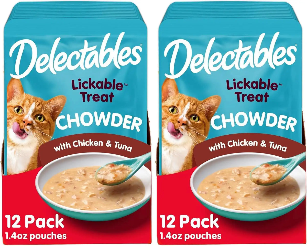 Delectables Lickable Treat Chowder Wet Cat Treat with Real Tuna & Chicken, Food Topper, Hydrating, Grain-Free, No Fillers, By-Products, Added Preservatives, 1.4oz Pouch, 12ct (Pack of 2)