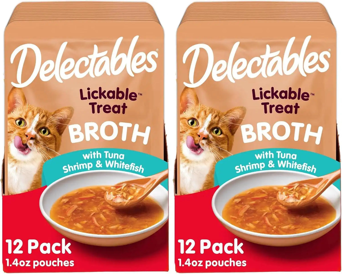 Delectables Lickable Treat Savory Broth Wet Cat Treat with Real Tuna & Shrimp, Food Topper, Hydrating, Grain-Free, No Fillers, No By-Products, No-Added Preservatives, 1.4oz Pouch (Pack of 24)
