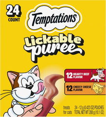 Temptations Creamy Puree Lickable Cat Treats, Beef Liver & Cheese, 24 Count | Under 15 calories per tube, great for senior cats, no chewing required, no added sugar, wet squeezable treat, 0.42 oz. Tubes
