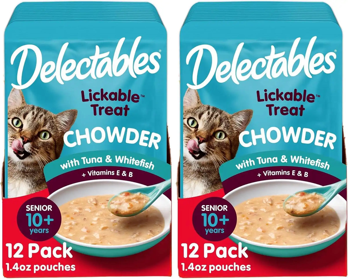 Delectables Lickable Treat Chowder Senior 10+ Wet Cat Treat with Real Tuna & Whitefish, Food Topper, Hydrating, Grain-Free, No Fillers, By-Products, Added Preservatives, 1.4oz Pouch (Pack of 24)