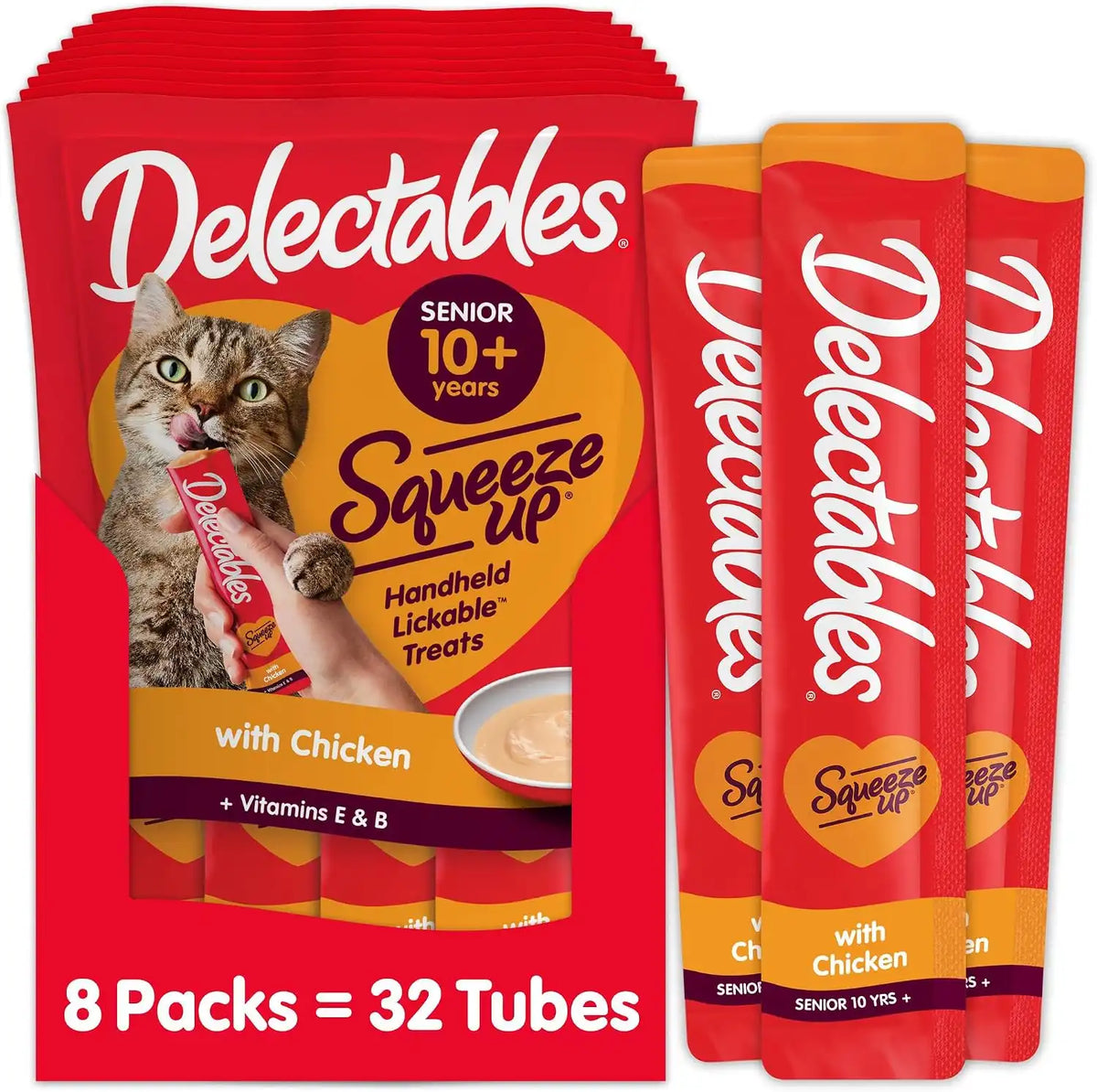 Delectables Squeeze Up Creamy Squeezable Puree, Lickable Wet Cat Treats, Grain Free, No Added Fillers, No By-Products, No Added Preservatives, 0.5 Ounces Senior Chicken, 32 Tubes Total