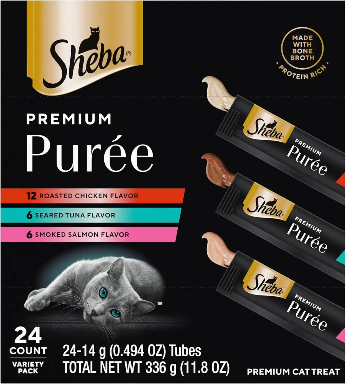 Sheba Premium Puree Lickable Cat Treats, Chicken, Salmon & Tuna, 24 Count | Grain-free, Real meat, squeezable tubes, no corn/wheat/soy, no artificial flavors, creamy texture, 0.49 oz. tubes