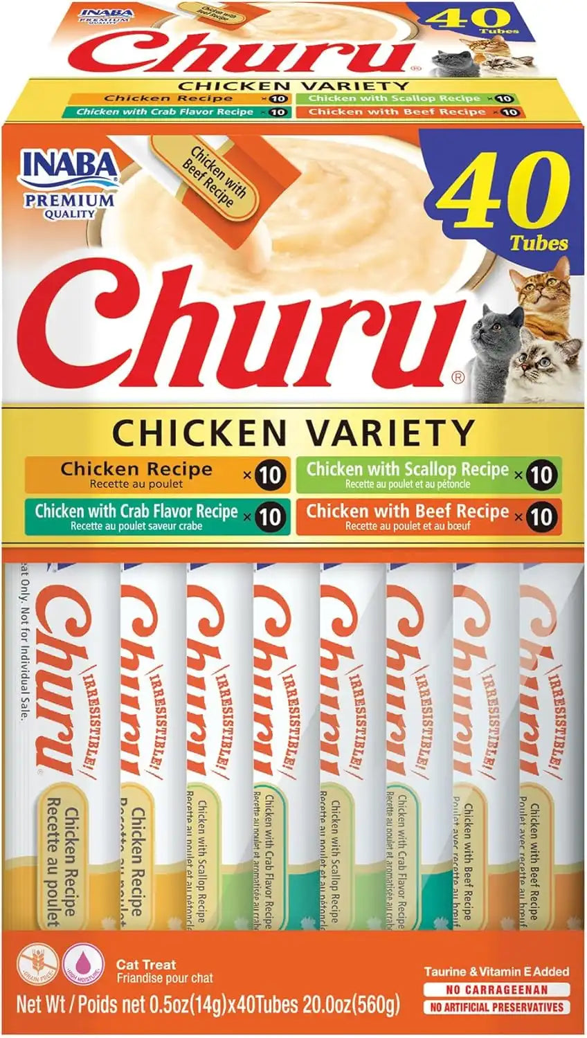 INABA Churu Cat Treats, Lickable, Squeezable Creamy Purée Cat Treat with Green Tea Extract & Taurine, 0.5 Ounces Each Tube, 40 Tubes, Chicken Variety Box