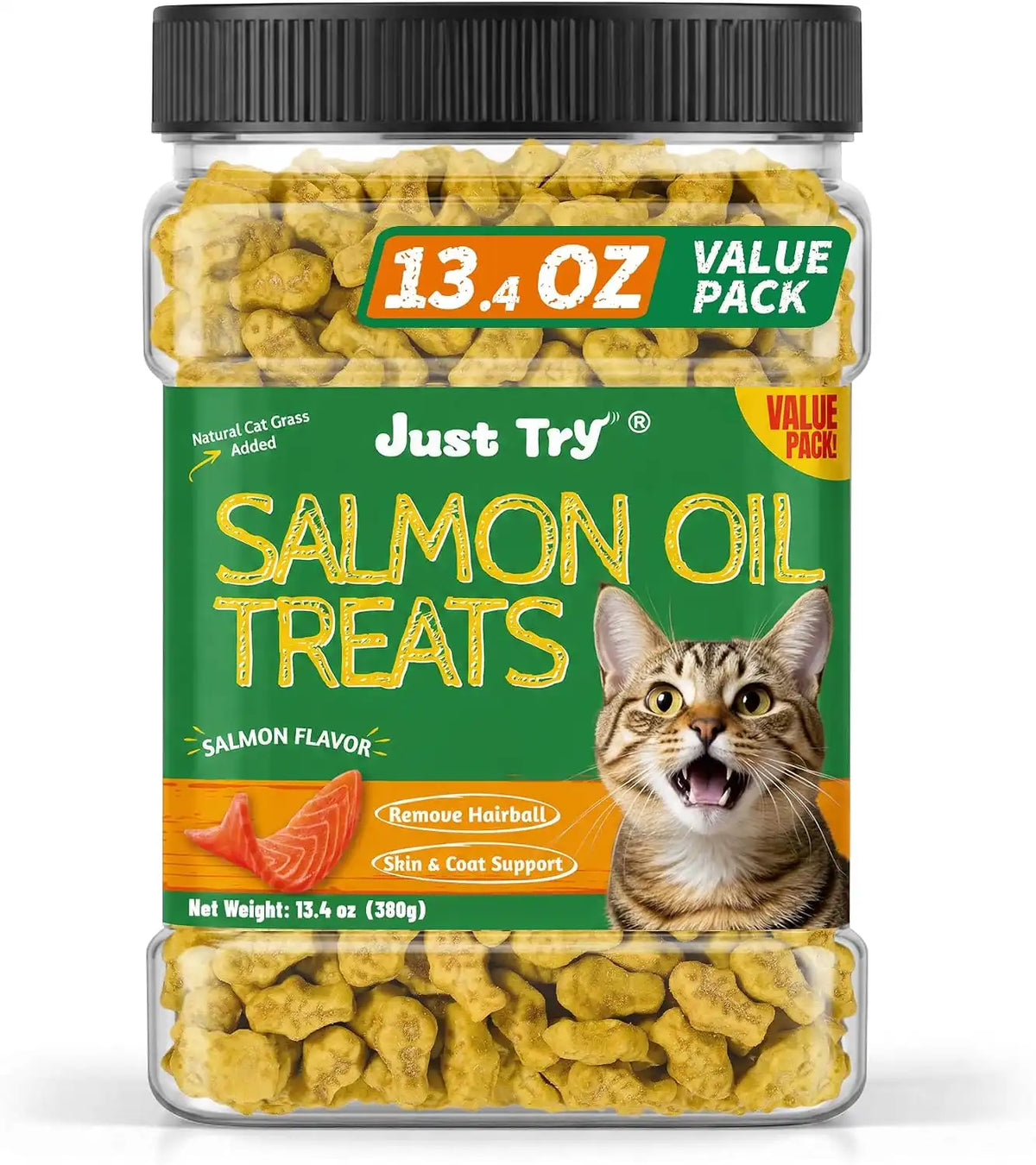 Just Try Cat Grass Treats with Salmon Oil 13.4 OZ | Salmon,Kitten Healthy Cat Treats,Training Biscuits Snacks Fish Oil Omega 3 Supplements Joint Support & Skin Coat Health