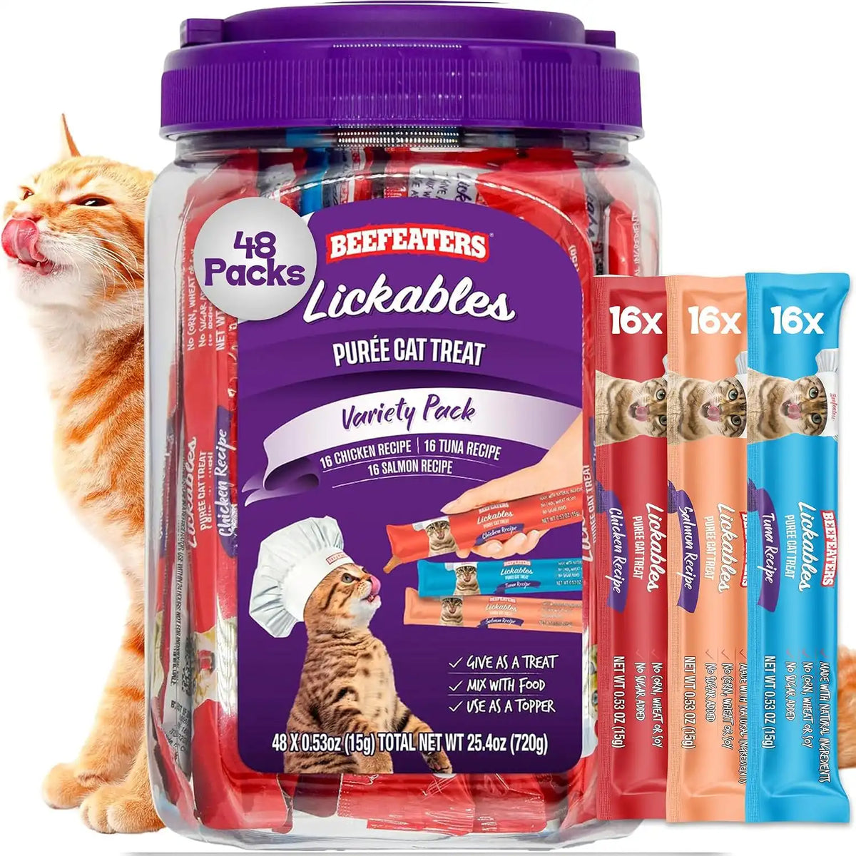 Beefeaters Lickable Cat Treats 48 Count – Puree Squeeze Up Tubes Variety Pack (Salmon, Tuna & Chicken) | Grain Free, Taurine Enriched, High Moisture for Picky Eaters | Cat Treat Topper or Snack