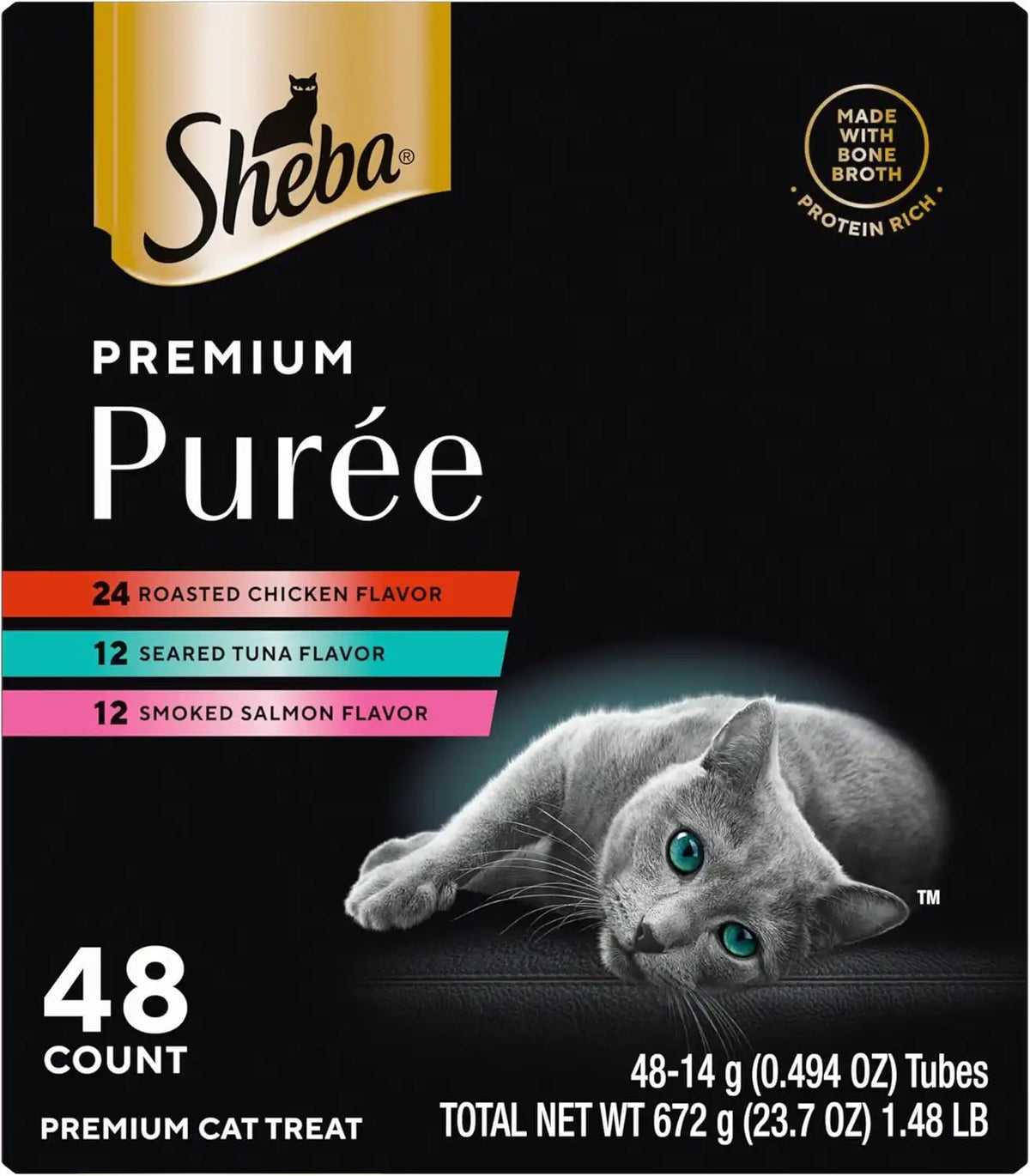 Sheba Premium Puree Lickable Cat Treats, Chicken, Salmon & Tuna, 48 Count | Grain-free, Real meat, no corn/wheat/soy, creamy texture, protein-rich, single-serve squeezable tubes, 0.49 oz. Tubes