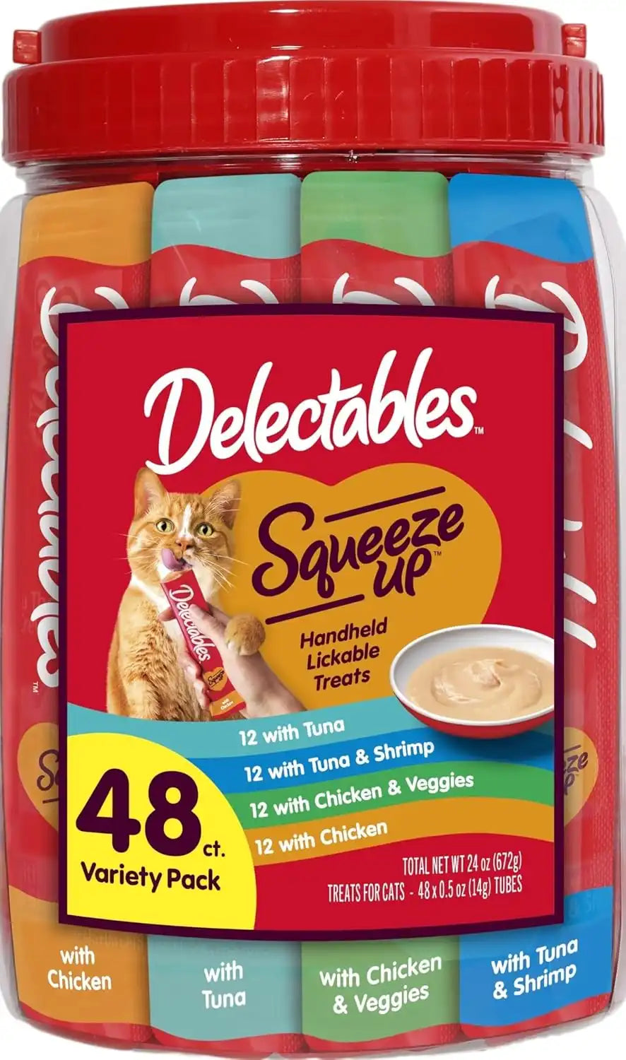 Delectables Squeeze Up Variety Pack, Creamy Squeezable Puree, Lickable Wet Cat Treats, Grain Free, No Added Fillers, No By-Products, No Added Preservatives, 0.5 Ounces Tube, 48 Tubes Total