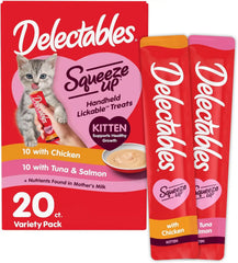 Delectables Squeeze Up Kitten Variety Pack, Creamy Squeezable Puree, Lickable Wet Cat Treats, Grain Free, No Added Fillers, No by-Products, No Added Preservatives, 0.5 Ounces Tube, 20 Tubes Total