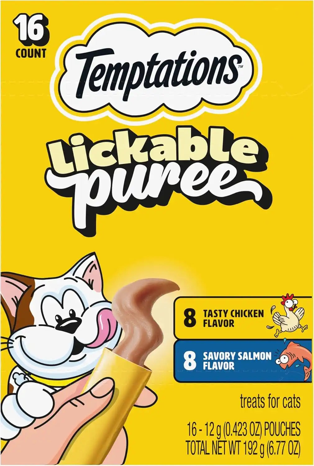 Temptations Creamy Puree Lickable Cat Treats, Chicken & Salmon, 16 Count | Under 15 calories per tube, great for senior cats, no chewing required, no added sugar, wet squeezable treat, 0.42 oz. Tubes