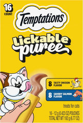 Temptations Creamy Puree Lickable Cat Treats, Chicken & Salmon, 16 Count | Under 15 calories per tube, great for senior cats, no chewing required, no added sugar, wet squeezable treat, 0.42 oz. Tubes