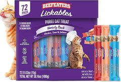 Beefeaters wet cat treats lickable 72 Count Puree Variety Pack - Salmon Tuna Chicken for Hydration & Training, Grain Free Taurine Enriched High Moisture, lickable cat treats squeeze up for Picky Eater