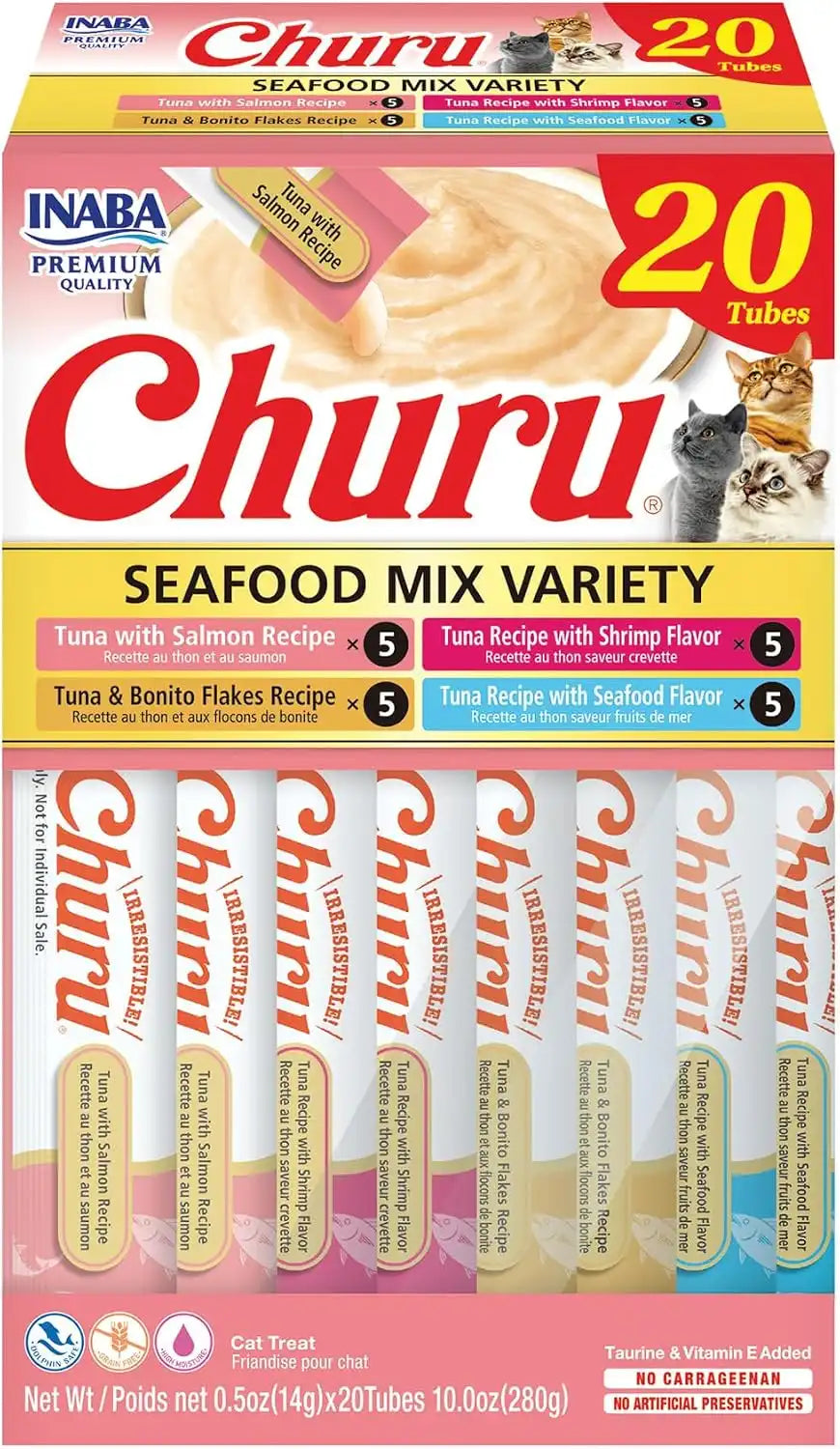 INABA Churu Cat Treats, Lickable, Squeezable Creamy Purée Cat Treat with Green Tea Extract & Taurine, 0.5 Ounces Each Tube, 20 Tubes, Seafood Variety Box