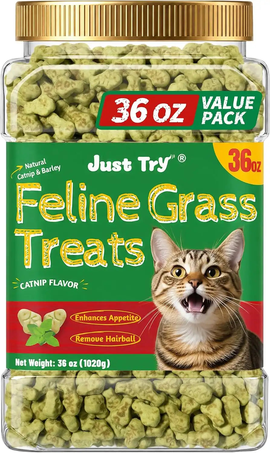 Just Try 36 OZ Cat Grass Treats for Indoor Cats Hairball Control | Catnip for Cats,Dental Care,Natural Salmon,Healthy Cat Grass Treats,Kitten Snacks,Training Biscuits