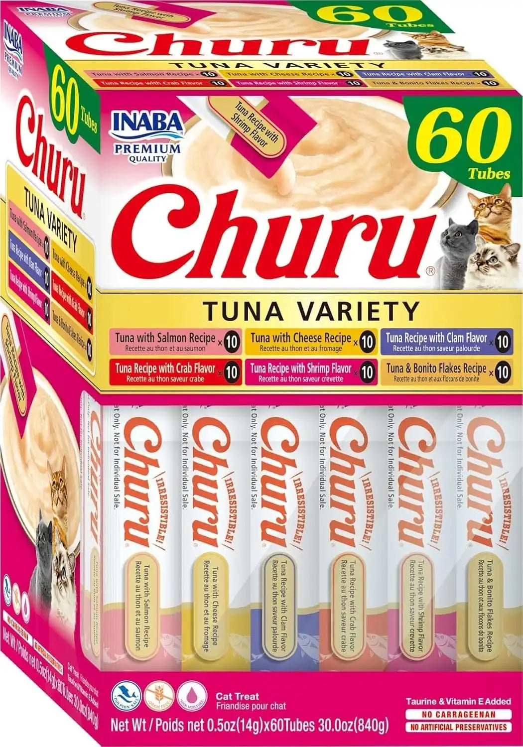 INABA Churu Cat Treats, Lickable, Squeezable Creamy Purée Cat Treat with Green Tea Extract & Taurine, 0.5 Ounces Each Tube, 60 Tubes, Tuna Variety Box
