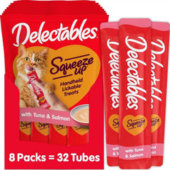 Delectables Squeeze Up Creamy Squeezable Puree, Lickable Wet Cat Treats, Grain Free, No Added Fillers, No By-Products, No Added Preservatives, 0.5 Ounces Tuna & Salmon, 32 Tubes Total