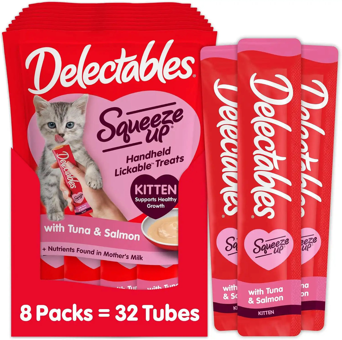 Delectables Squeeze Up Kitten Creamy Squeezable Puree, Lickable Wet Cat Treats, Grain Free, No Added Fillers, No by-Products, No Added Preservatives, 0.5 Ounces Tube Tuna & Salmon, 32 Tubes Total